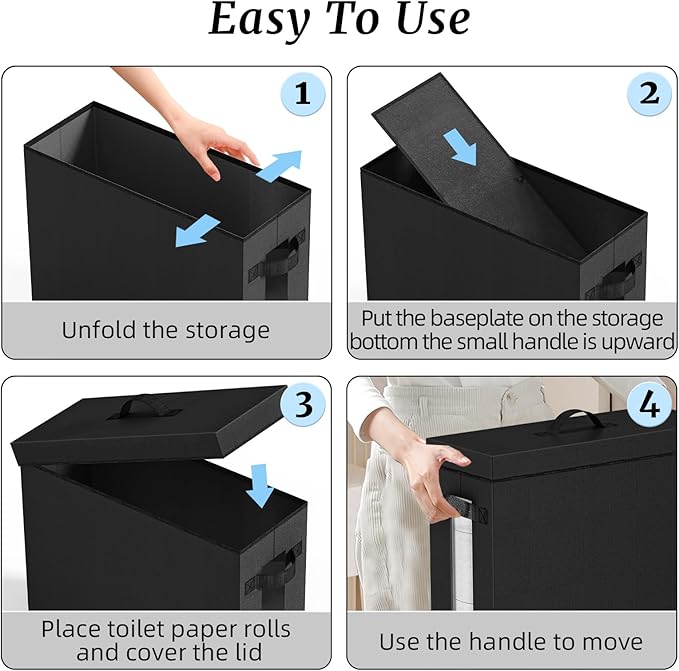 Bathroom Toilet Paper Storage with Lid - for Up to 12 Rolls | Storage Bins with Lids for Towel or Yarn | Free Standing | Foldable | Moisture Resistant | Clear Plastic Window | Black | 2 Pack
