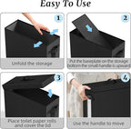 Bathroom Toilet Paper Storage with Lid - for Up to 12 Rolls | Storage Bins with Lids for Towel or Yarn | Free Standing | Foldable | Moisture Resistant | Clear Plastic Window | Black | 2 Pack