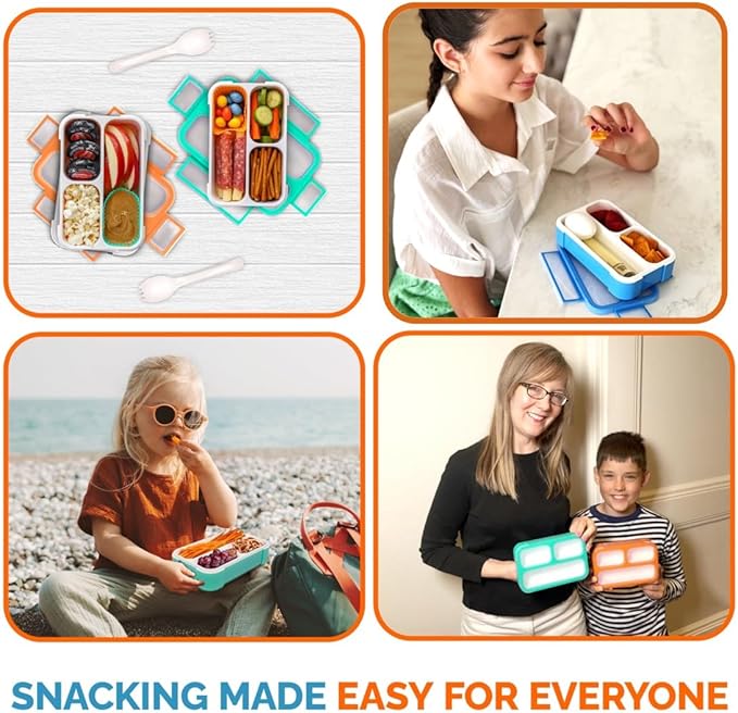 Small Snack Containers for Kids Toddlers - 3 Compartments (Set of 2) - Leak-proof Reusable Snack Boxes with Lids - BPA-Free Mini Bento Lunch Box - Ideal for School,Holds 2 Cups (Teal Blue + Orange)