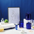 SheeChung 6-Pack Blue Acrylic Apothecary Jars - (3) 12oz & (3) 10oz Qtip Holder Set with Labels - Shatterproof Bathroom Vanity Organizer for Cotton Swabs, Balls, Pads - Coastal Decor