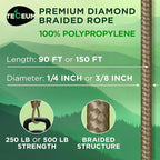 TECEUM Rope – 90 Feet x 1/4 Inch (7mm) – Coyote Brown – Strong All-Purpose Utility Rope – Camping, Crafting, Flag Pole, Indoor & Outdoor – Polypropylene Nylon Poly Lightweight Diamond Braided Cord