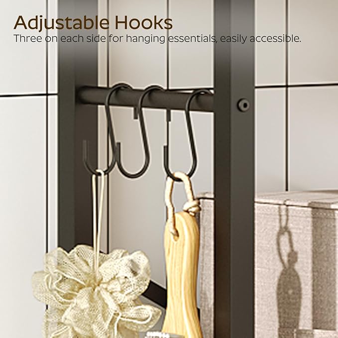 2-Tier Over The Toilet Storage, Multifunctional Vertical Over Toilet Bathroom Organizer, Freestanding Bathroom Storage Shelves with Hooks, Bathroom Organizer, Rustic Brown and Black TR01BR