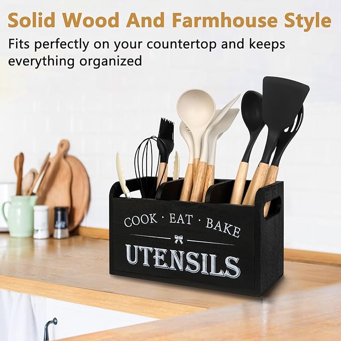 Farmhouse Cooking Utensils Organizer - Kitchen Utensil Holder Black Rustic Solid Wood Countertop Utensil Holder, 3 Compartment Spoon Holder for Kitchen Decor