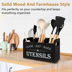 Farmhouse Cooking Utensils Organizer - Kitchen Utensil Holder Black Rustic Solid Wood Countertop Utensil Holder, 3 Compartment Spoon Holder for Kitchen Decor