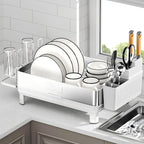 Ewaiira Dish Drying Rack, 304 Stainless Steel Dish Racks for Kitchen Counter, Dish Drainers with Automatic Drainage, Utensil Holder & Cups Holder, Space Saving Kitchen Organizer, White