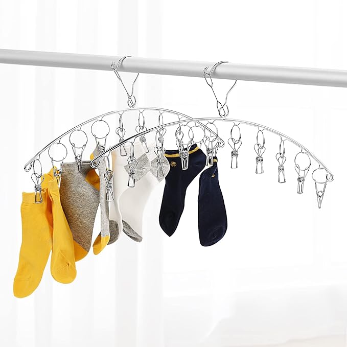 Toplife Clothes Hanger with 10 Clips, Stainless Steel, Windproof, for Drying Socks, Bras, Underwears, Baby Clothes, Hats, Scarfs, Towels, Pants and Gloves, Set of 4 (Outdoors)