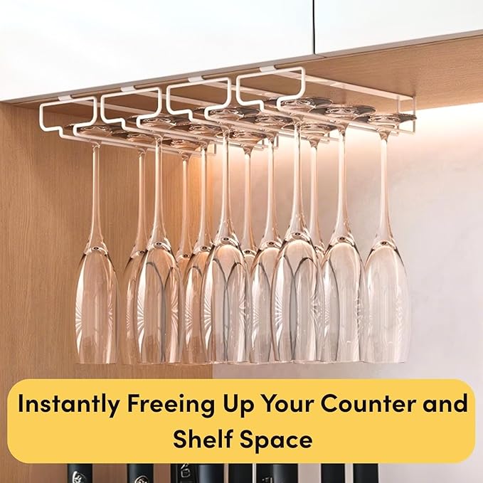 LINFIDITE 2 Pack Wine Glass Holder Stemware Rack Hanger Under Cabinet Wine Glass Rack Kitchen Hanging Storage Rack Organizer,White(For Partition Thickness under 0.98")