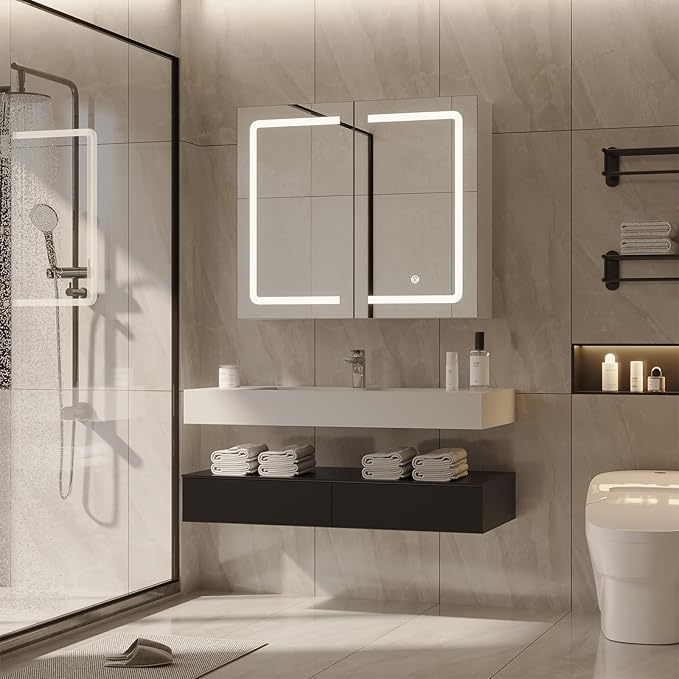DICTAC Bathroom Medicine Cabinet with Mirrors and Led Lights 27.6x23.62 inch Double Doors Wall Mounted Mirror Cabinet with Storage Organizer Lighted Medicine Cabinets with Adjustable Shelves,White