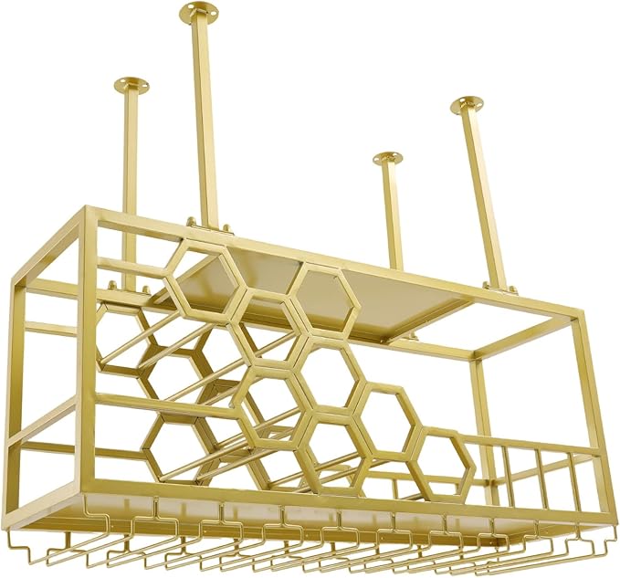 Ceiling Wine Glass Rack, Hanging Wine Rack with Glass Holder and Shelf, 2 Layer Industrial Iron Hanging Wine Bottle Holder, Metal Ceiling Shelf for Bar Cafe Kitchen, 39.4*11.8*15.8in (Gold)