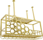 Ceiling Wine Glass Rack, Hanging Wine Rack with Glass Holder and Shelf, 2 Layer Industrial Iron Hanging Wine Bottle Holder, Metal Ceiling Shelf for Bar Cafe Kitchen, 39.4*11.8*15.8in (Gold)