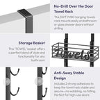 SWTYMIKI Hanging Towel Racks for Bathroom - 6 Tier Over The Door & Wall Mounted Bath Rolled Towel Storage Organizer Holder for Small Bathroom, RV, Camper, Black (Patented)
