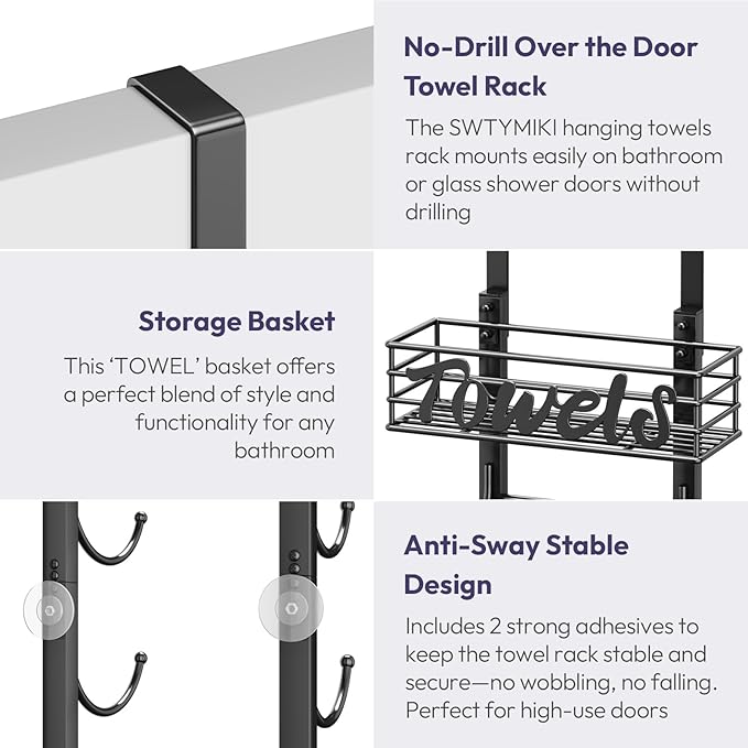 SWTYMIKI Hanging Towel Racks for Bathroom - 6 Tier Over The Door & Wall Mounted Bath Rolled Towel Storage Organizer Holder for Small Bathroom, RV, Camper, Black (Patented)