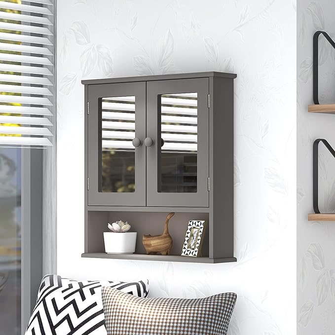 TaoHFE Grey Medicine Cabinet with Mirror, 2 Doors & 3 Open Shelves - Wall Mounted Wooden Storage Cabinet for Bathroom, Laundry or Kitchen