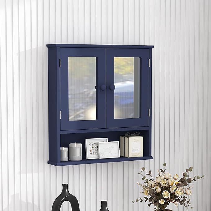 TaoHFE Blue Medicine Cabinet with Mirror, 2 Doors & 3 Open Shelves - Wall Mounted Wooden Storage Cabinet for Bathroom, Laundry or Kitchen