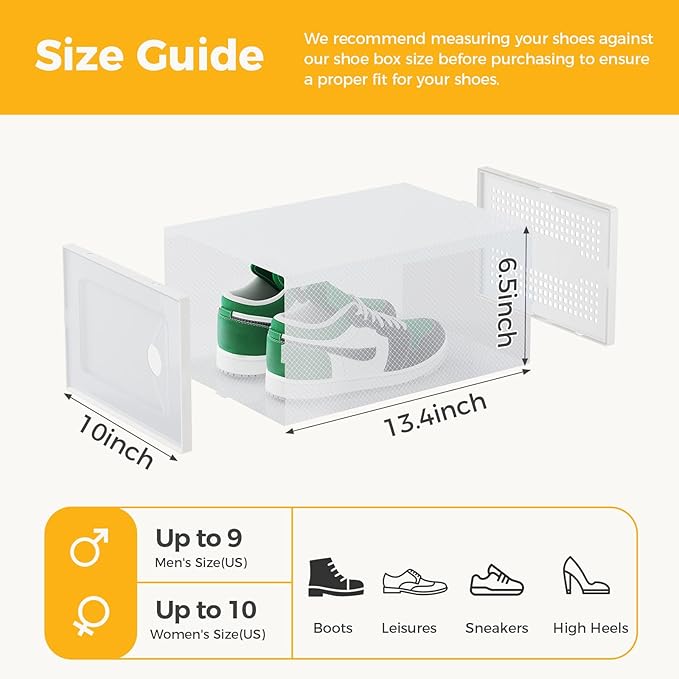 NEWBULIG 15 Pack Clear Shoe Storage Boxes, Shoe Organizer for Closet with Lid, Durable PE Transparent Shoe Containers Ideal for Sneakers, Heels & Boots, White