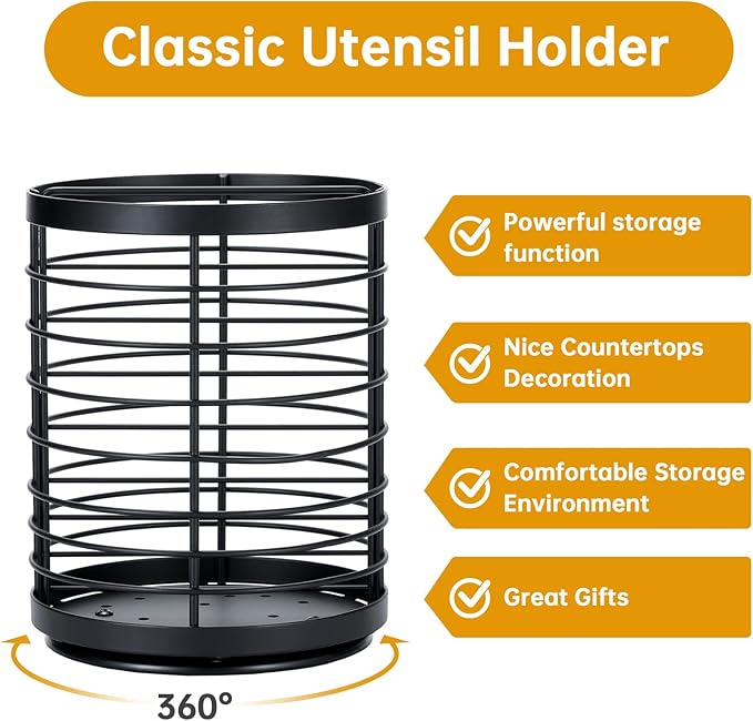 360° Rotating Utensil holder for Kitchen Counter,5.9"x5.9"x7.8" Large Round Utensils Holder with Wooden Base Matte Black Cooking Utensil Holder，Kitchen countertop Utensil Organizer (Rotating+Metal)