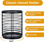 360° Rotating Utensil holder for Kitchen Counter,5.9"x5.9"x7.8" Large Round Utensils Holder with Wooden Base Matte Black Cooking Utensil Holder，Kitchen countertop Utensil Organizer (Rotating+Metal)