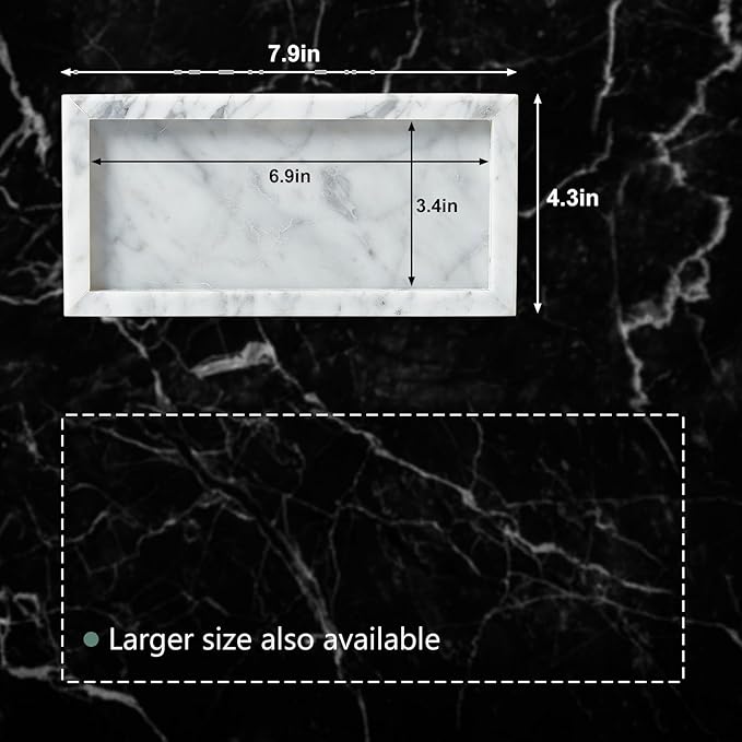 Natural Small Marble Vanity Tray, Luxury Stone Organizer for Bathroom & Kitchen | Holds Soap Dispenser, Jewelry, Perfume | Non-Resin, Non-Ceramic Décor (White, Mini (7.9" x 4.3" x 0.78"))