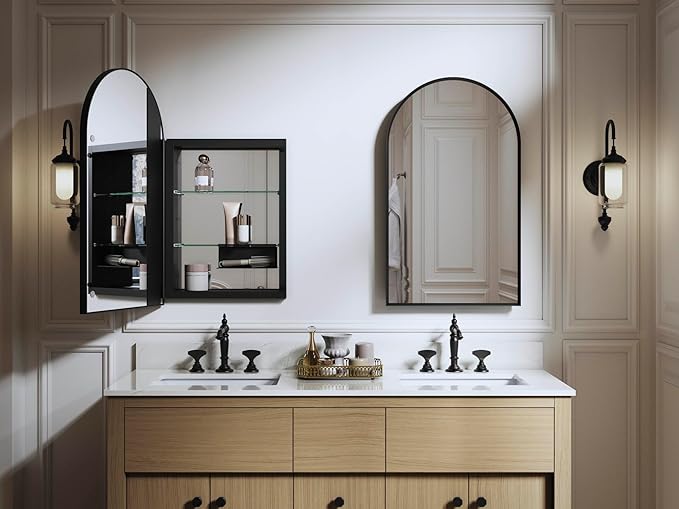 Kohler 36540-BLL Verdera® Medicine Cabinet Mirror, Arched Design, Left-Hinged, Mirrored Interior, Adjustable Shelves, Rustproof, 20 in. W x 34 in. H, Matte Black