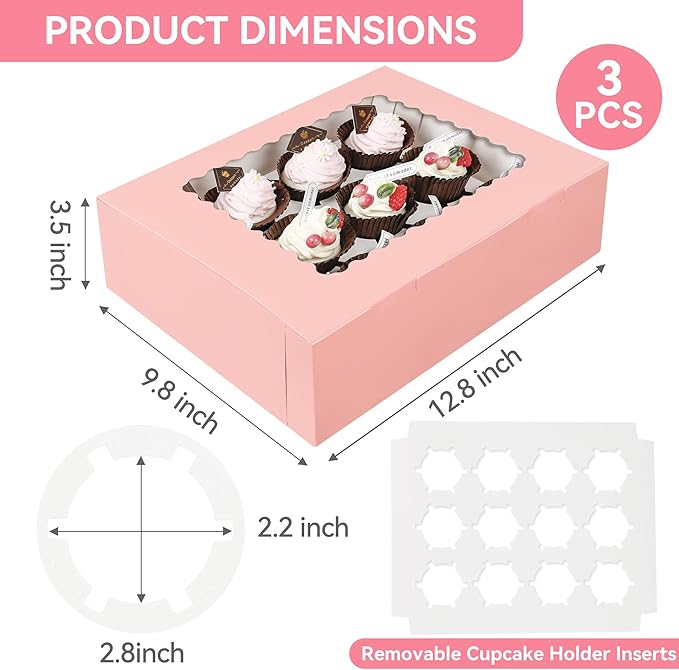 3-Set Cupcake Boxes Bulk with Clear Display Window Hold 12 Standard Cupcakes, Disposable Food Grade Pink Cupcake Carrier Cupcake Container, Perfect for Cupcakes Muffins Cookies Pastries