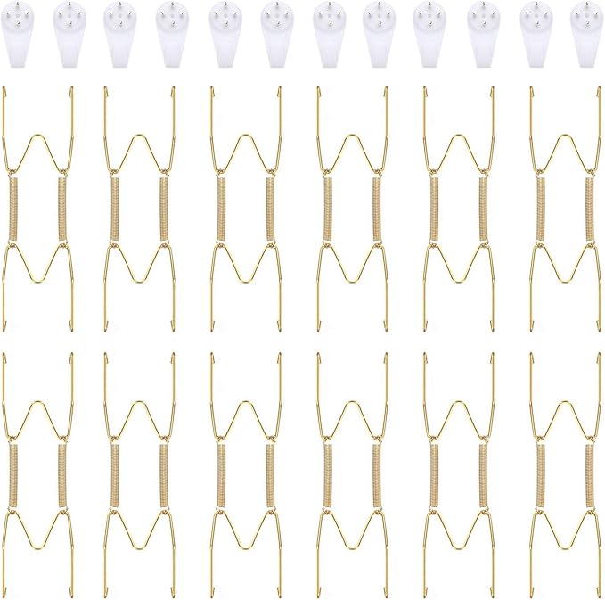 Hotop 12 Pieces Plate Hangers for Wall Stainless Steel Wire Invisible Heavy Duty Plate Hangers Display Holders with 12 Pieces Hooks for Wall Decorative(6 Inch,Gold)