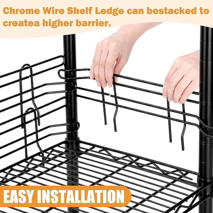 4 Pcs Chrome Wire Shelf Ledge 18" L x 4" H Wire Shelving Side Ledge Metal Shelves Accessories Pantry and Garage Storage (Black)