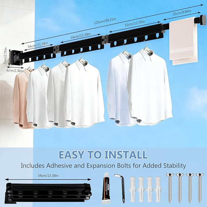 Clothes Drying Rack, Upgrade 3-Fold Wall Mounted Drying Rack Clothing, Laundry Space Saver Retractable Collapsible for Indoor Outdoor Balcony,Laundry,Bathroom, Grey