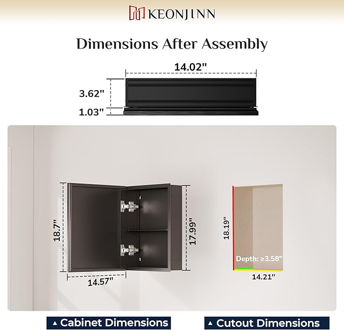Keonjinn Small Medicine Cabinet Mirror 14" x 18", Assembly Needed, Black Bathroom Medicine Cabinet with Mirror, Beveled Framed, Stepless Adjustable Shelf, One Shelf Only, Wall-Mounted or Recessed