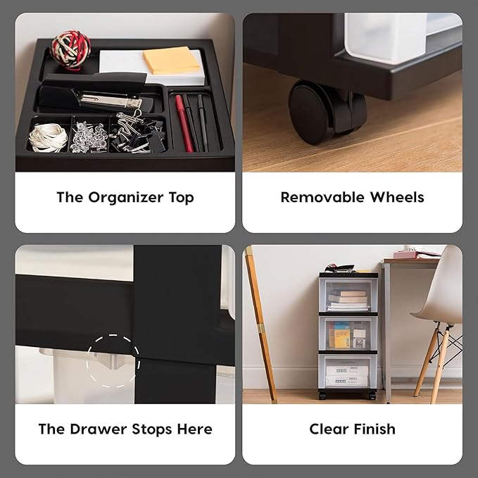 IRIS USA Plastic Drawer Storage Organizer Rolling Cart, 2-Pack, with Wheels Casters, 3-Drawers, for Classroom Art Craft Supplies Dresser Closet Bathroom Laundry Room, Black/Clear