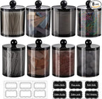 SheeChung 8-Pack Qtip Holder,Black Acrylic Canister Apothecary Jars with Lids & 12 Labels - (4) 10oz & (4) 12oz Plastic Canisters Bathroom Storage Set - Shatterproof Qtip Holder for Home Organization