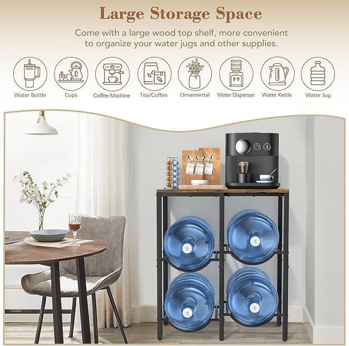 VINAEMO 5 Gallon Water Jug Holder, 3-Tier Water Jug Stand with Extended Wood Tabletop Shelf, 4 Slots 5 Gal Water Bottle Holder Storage Rack with Water Dispenser Stand for Home,Office,Garage Organizer