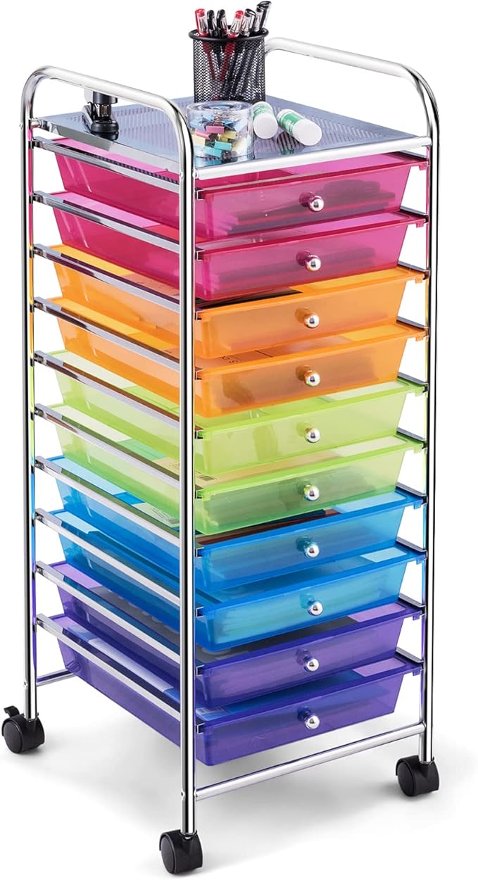 COSTWAY 10-Drawer Rolling Storage Cart, Utility Mobile Trolley with Removable Drawers & Universal Casters & 2 Brakes, Versatile Flexible Drawer Organizer Cart for Home, Office (Rainbow)