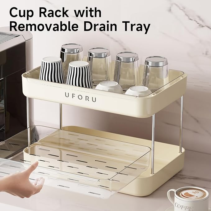 Countertop Coffee Station Organizer, 2 Tier Wine Glass Holder, Mug Shelf with Removable Drain Tray, Spice Rack for Kitchen, Bathroom Countertop Organizer, Cream White
