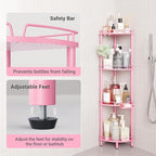 ELYKEN Corner Shower Caddy Standing, 4 Tier Rustproof Metal Shower Organizer with Soap Holder, Floor Shower Corner Shelf Rack Storage Stands with Adjustable Feet & 2 Hooks for Bathroom, Pink
