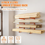 4-Pack Lumber Storage Rack, Wood Storage Racks Wall Mount, Heavy Duty Garage Wood Organizer With 8-Level System, Orange Utility Rack Organization Up 1600 Lbs, Metal Lumber Shelf for Indoor & Outdoor
