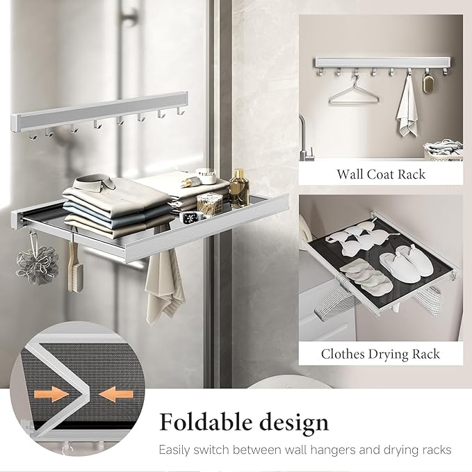 LETINE Wall Mounted Drying Rack: Retractable Indoor Clothes Drying Rack – Aluminum Alloy Frame w/Soft Mesh Surface. Laundry Rack & Temp Shelf for Balcony, Bathroom, Kitchen. with 6 Hooks (White, M)