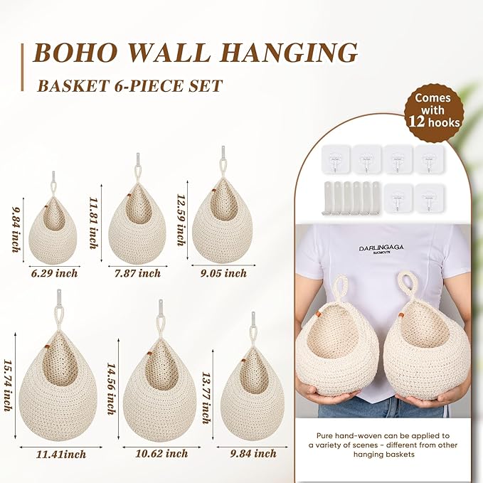 Hanging Fruit Baskets for Kitchen - 6 Pack Boho Wall Hanging Basket,Handwoven Wall Fruits Basket,for Garlic Potato Vegetable Onion Teardrop Home Hanging Storage Baskets(White Classic）