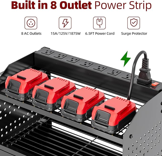 Power Tool Organizer Wall Mount with Charging Station, 4 Layers Storage Rack with 6 Drill Holders & Battery Storage, Cordless Tool Organizer with Drawers for Garage, Workshop & Tool Room