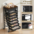 Rolling Cart with 8 Drawers, Plastic Drawer Storage Carts with Wheels & Wooden Tabletop, Metal Utility Cart Organizer for Bedroom Living Room Office Classroom Craft Organization and Storage, Black