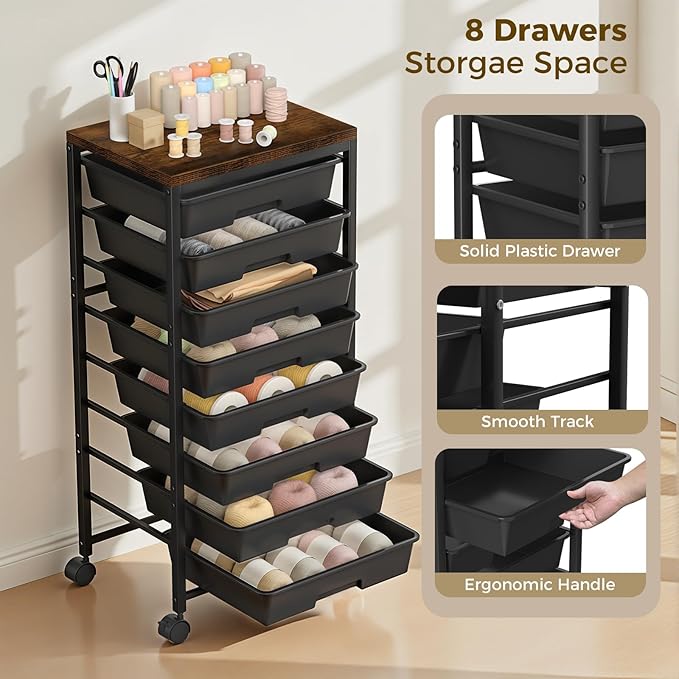 Rolling Cart with 8 Drawers, Plastic Drawer Storage Carts with Wheels & Wooden Tabletop, Metal Utility Cart Organizer for Bedroom Living Room Office Classroom Craft Organization and Storage, Black