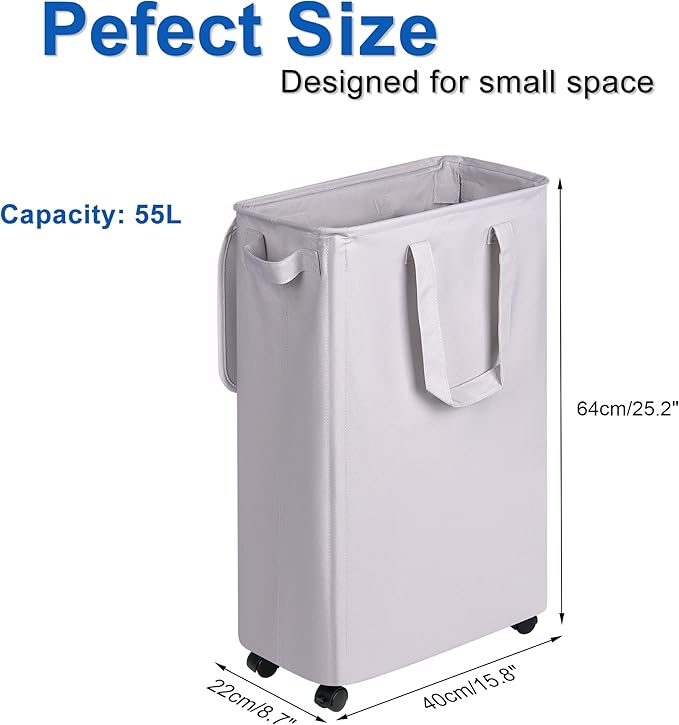 Slim Laundry Hamper with Lid and Wheels, Small Rolling Laundry Basket with Handle for Small Spaces, Tall Dirty Clothes Hampers for Dorm, Bathroom and Bedroom, 55L, Grey