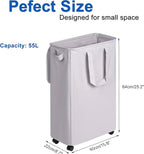 Slim Laundry Hamper with Lid and Wheels, Small Rolling Laundry Basket with Handle for Small Spaces, Tall Dirty Clothes Hampers for Dorm, Bathroom and Bedroom, 55L, Grey