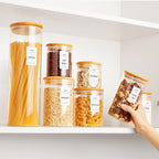 Vtopmart Glass Food Storage Jars, 7 Pack Kitchen Containers with Airtight Bamboo Wooden Lids for Pasta, Cookies, Nuts, Coffee Beans, Cereal, Canisters Set for Flour, Pantry Organization, BPA Free