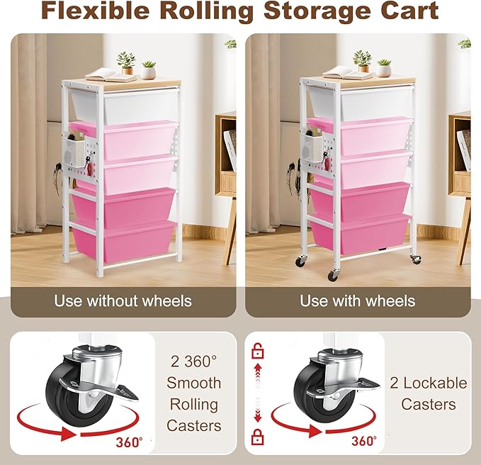 Rolling Cart with Drawers, Rolling Storage Cart with Large Plastic Drawers & Wooden Tabletop, Utility Cart with Pegboards & Basket, Storage Drawers Cart for Living Room, Classroom, Bedroom, Office