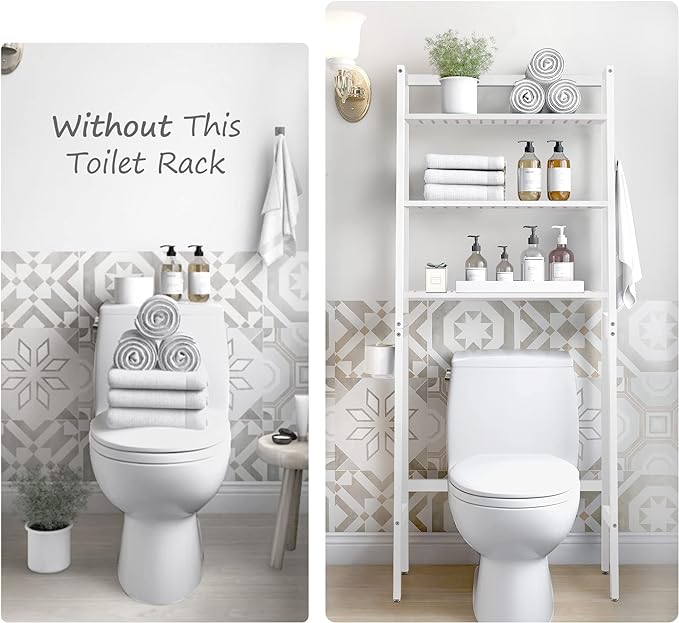 MallKing Over The Toilet Storage, Wooden 3-Tier Over-The-Toilet Rack Bathroom Space Saver Organizer, Freestanding Above Toilet with Toilet Paper Holder and Hooks (White)