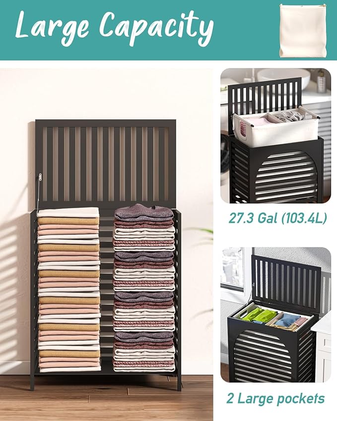 Black Laundry Hamper, Laundry Hamper with Lid, 27.3 Gallon (103L) Bamboo Wood Clothes Laundry Basket with Lid and Handles, Removable Liner