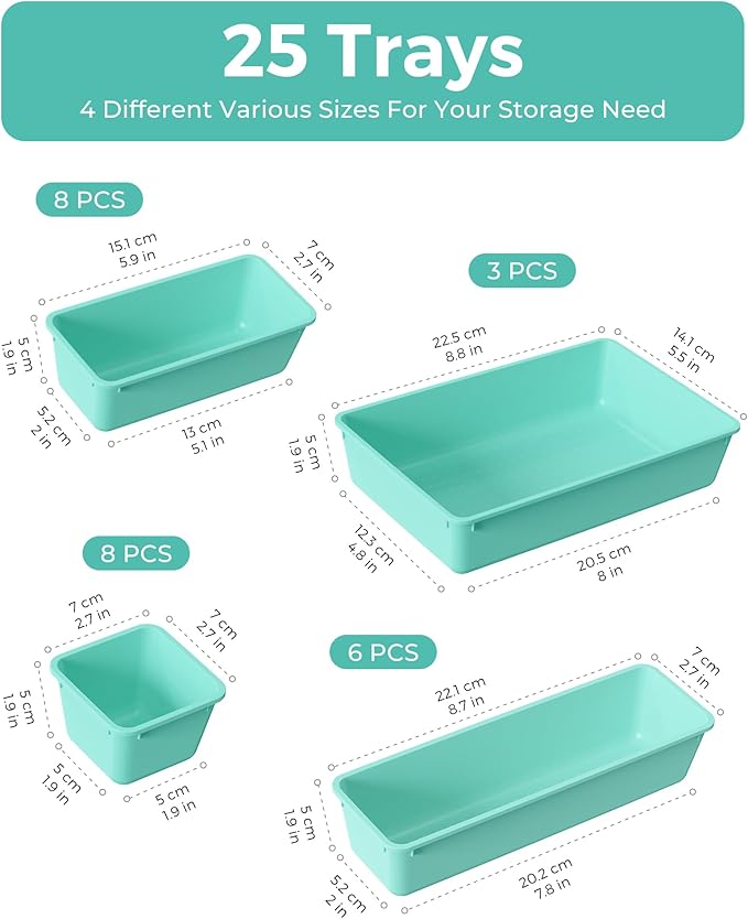 25 PCS Plastic Drawer Organizers Set, 4-Sizes Vanity and Makeup Organizer, Desk and bathroom Drawer Organizer Trays, Organizers and Storage for Makeup, Jewelry, Gadgets, Utensils (Blue)