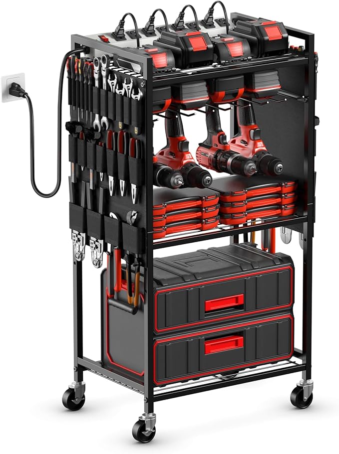 JUNNUJ Large Power Tool Organizer Cart with Charging Station, Garage Floor Standing Rolling Drill and Tools Battery Storage Cart on Wheels, Heavy Duty Rack Shelf with 8 Outlet Power Strip, Black