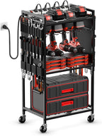 JUNNUJ Large Power Tool Organizer Cart with Charging Station, Garage Floor Standing Rolling Drill and Tools Battery Storage Cart on Wheels, Heavy Duty Rack Shelf with 8 Outlet Power Strip, Black