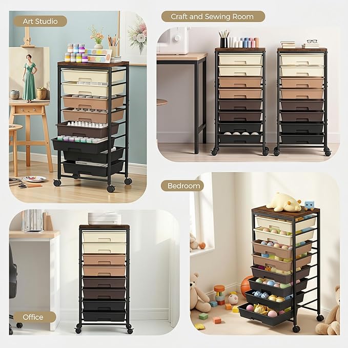 Rolling Cart with 8 Drawers, Plastic Drawer Storage Carts with Wheels & Wooden Tabletop, Metal Utility Cart Organizer for Bedroom Living Room Office Classroom Craft Organization and Storage, Brown
